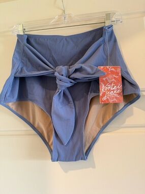 Kortni Jeane Ribbed High-Waist Bikini Bottom in Dusty Blue with Tie